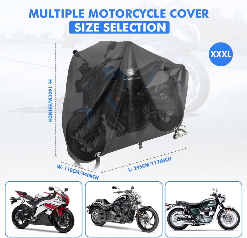NEVERLAND Motorcycle Cover Waterproof Outdoor - Black Heavy Duty Scooter Cover, Motorbike Cover with Refletive Logo, Lock-Hole, Bandage, Storage Bag-Protect Against Dust, Debris, Rain (XXXL) - Image 3
